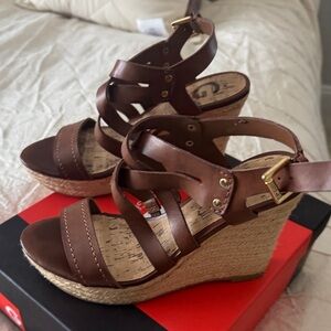 G by Guess Brown Strappy Wedge Sandals